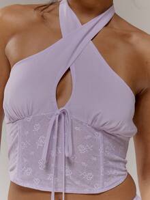 MUSERA Áo corset cổ yếm khoét ngực phối ren, kiểu dáng dễ thương, gợi cảm, thích hợp cho mùa xuân, đi chơi, nữ tính, dịp đặc biệt, Ngày của Mẹ, mùa hè, ngày lễ. - Màu tím hoa cà - Xem 6