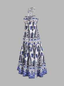 Sweetra Plant Print Backless Halter Neck Casual Vacation Dress For Women, Spring/Summer - Multicolor - View 3