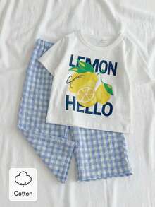 SHEIN Vintaside Kids 两件套婴儿幼儿男童水果字母休闲短袖上衣和格子裤套装，适合夏季、居家和旅行。婴儿T恤、婴儿服装、婴儿套装、男童夏季服装、男童水果主题格子裤。 - 藍白色 - 查看 7