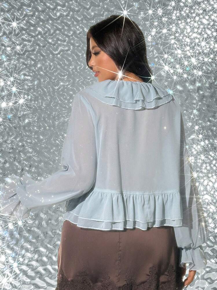 Viva Relle Blusa de gasa con cuello en V profundo y volantes para mujer de talla grande - Neblina azul - Añade 5