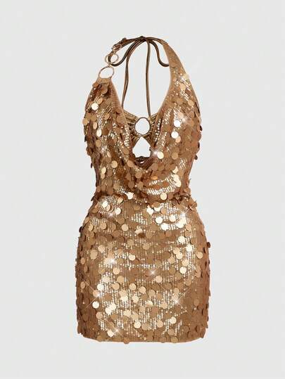 ROMWE Avant Sexy Y2K Party Sequin Halter Plunging Neck Low Waist Mini Dress For Women