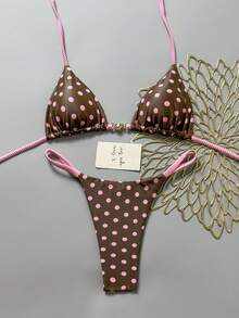 Swim Mod Women's Spring/Summer New Polka Dot Print Toothpick Cloth Rope Backless Triangle Bikini Set, Sweet Beach Outfit - Multicolor - View 5