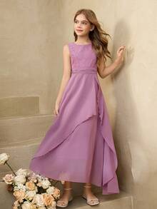 Elegant Purple Lace Chiffon Dress For Tween GirlsSuitable For Evening Party, Christmas, Prom, Wedding, Graduation And Other Occasions - Purple - View 4