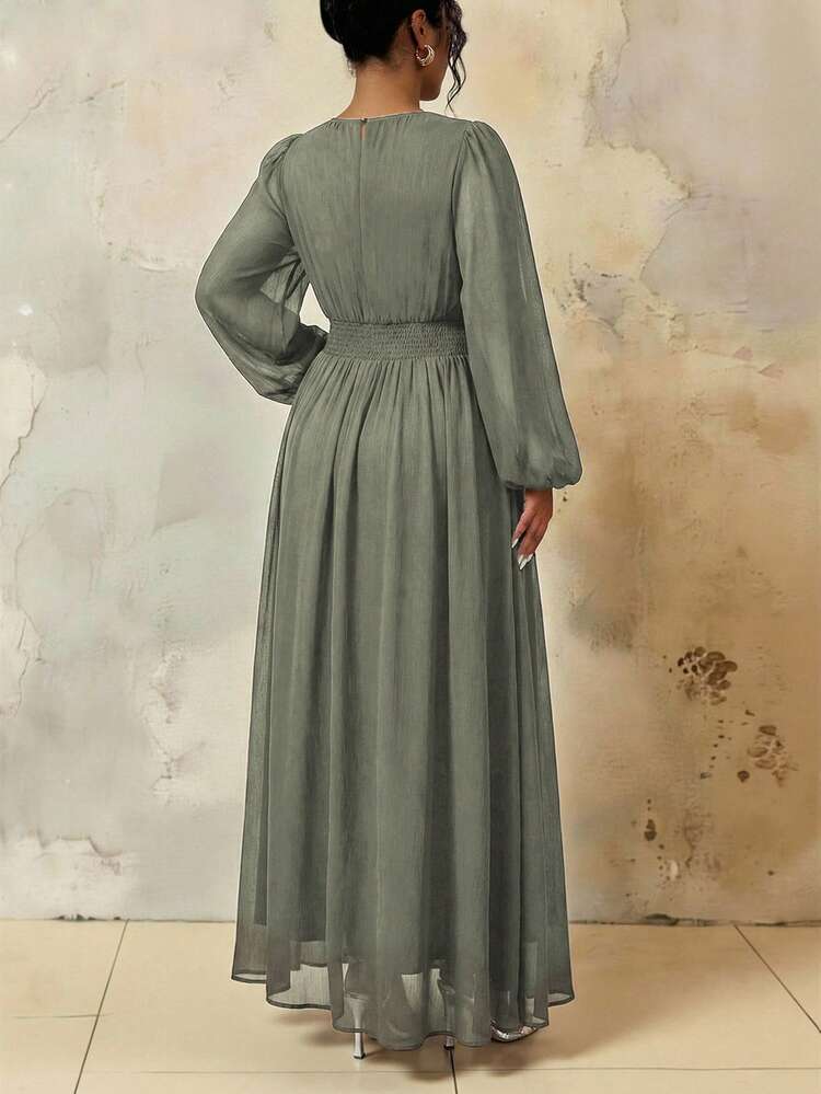 Roveilla فستان ماكسي طويل الأكمام للنساء ذوات الحجم الكبير، لربيع/صيف، بتصميم فرنسي رومانسي من سيسيليا، أنيق وكاجوال للارتداء اليومي والعطلات وحفلات عيد الميلاد، بلون بني ثابت، بياقة مستديرة، خصر مطوي مع رباط، خصر مطاطي - أخضر عسكري - مشاهدة 2