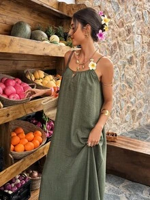 Selianne 女士无袖金属扣A字连衣裙，休闲日常穿着，时尚度假连衣裙 - 軍綠色 - 查看 7