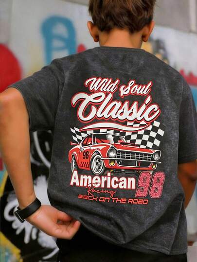 Coolqubz 1件男童高街时尚赛车图案印花圆领T恤，图案丰富有趣，面料舒适，适合春、夏、秋季穿着，多种场合皆宜。