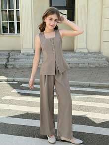 SHEIN 优雅两件套：无袖长款背心和阔腿裤，深卡其色，适合大童 - 卡其色 - 查看 4