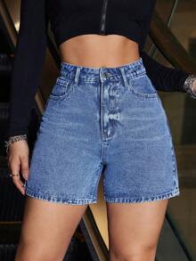 SHEIN ICON 大码女式宽松口袋牛仔休闲度假短裤 - 中等水洗藍 - 查看 1