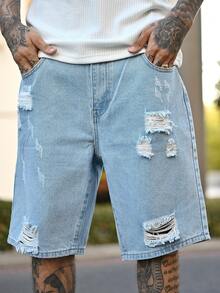 Devon Thys Quần short denim Bermuda màu xanh nhạt, kiểu dáng thời trang dành cho nam, hoàn hảo cho mùa hè thư giãn, quần short denim ống rộng rộng rãi cho bạn trai và chồng khi đi chơi - Rửa nhẹ - Xem 3