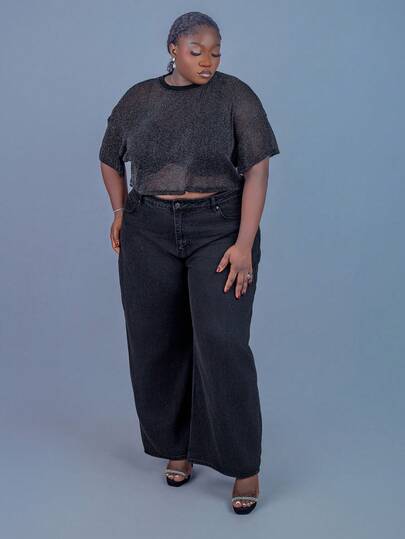 CurvyTilda 大码透明闪光网眼圆领短袖套头衫，适合夏季