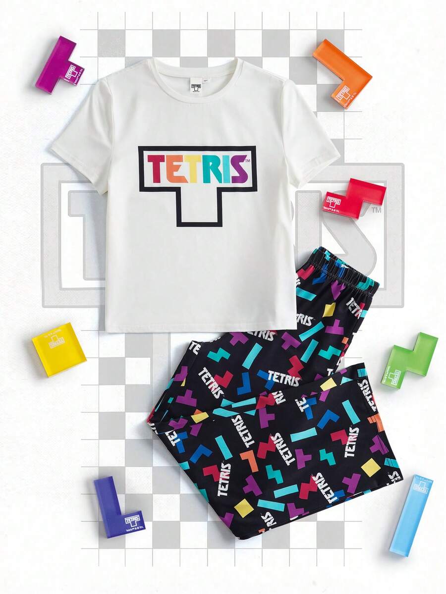 Tetris™ X SHEIN طقم بيجامة بأعلى كم قصير وبنطلون مطبوع بحروف ملونة مناسب للفتيات المراهقات، مناسب للربيع والصيف والخريف - أبيض وأسود - مشاهدة 1