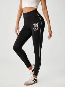 MONOPOLY X SHEIN 2pcs/Set Women's Letter Print Leggings - Black - View 12