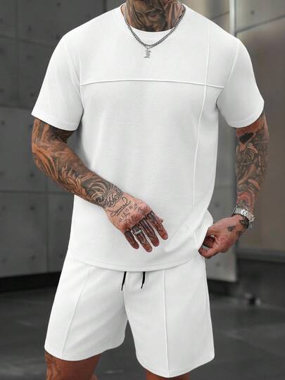 Manfinity CasualCool 男士短袖T恤短裤套装，华夫格T恤套装，柔软舒适面料，白色套装，纯色基础款，褶皱工艺，休闲百搭