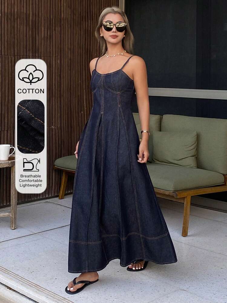 Women's Decorative Pleated Fitted Long Camisole Dress, Casual Denim Dress With Resort Vibe Summer