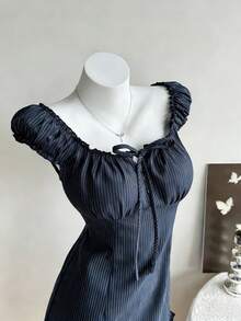 Elamini Women's Summer Casual Navy Blue Striped Fitted Low-Cut Ruffle Hem Mini Bodycon Dress - Navy Blue - View 3