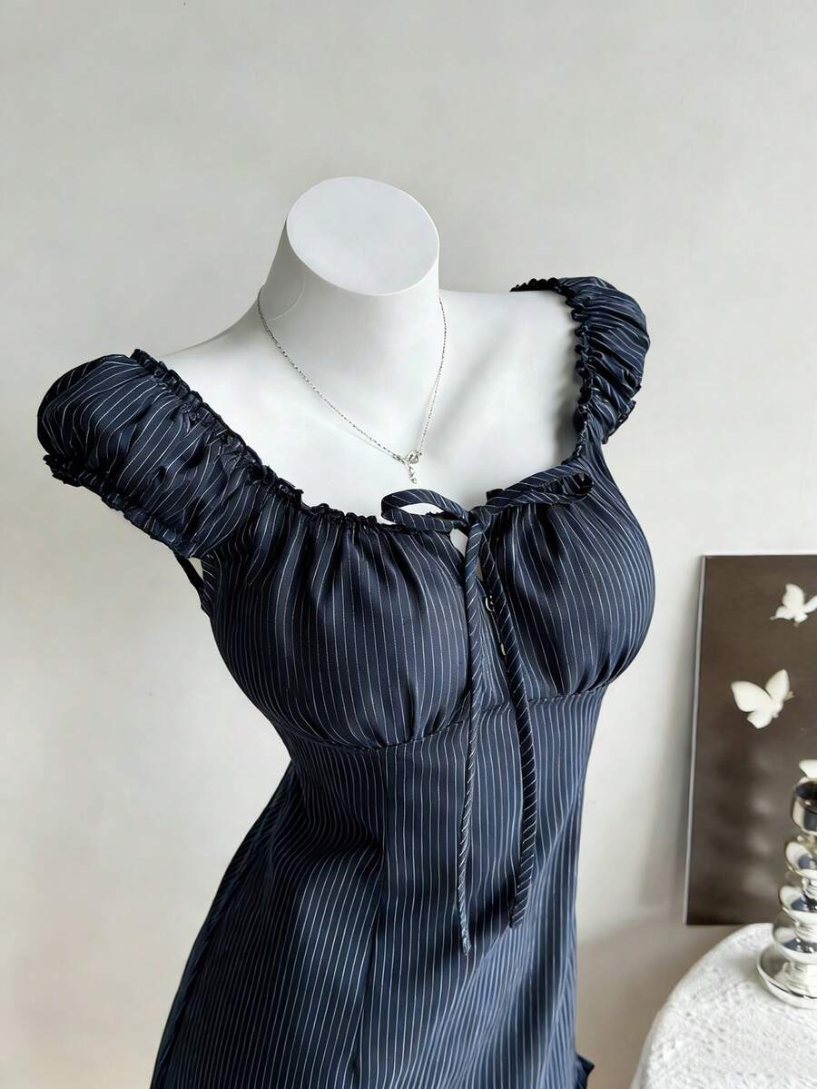 Elamini Women's Summer Casual Navy Blue Striped Fitted Low-Cut Ruffle Hem Mini Bodycon Dress - Navy Blue - View 1