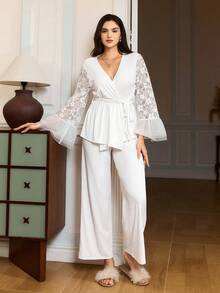 Mature Elegant Lace Blouse Set, French Graceful Charm Sleepwear Set, Romantic Lace Ruffle Sleeve Layered Sleepwear Set For Women - White - View 6