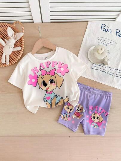 SHEIN Babygirl Cute Summer Casual Knit Cartoon Pattern Short Sleeve T-Shirt And Elastic Waist Shorts Set