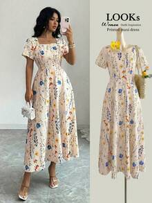 Elenzga Vestido de mujer con cuello cuadrado sin mangas con estampado floral - Albaricoque - Ver 5