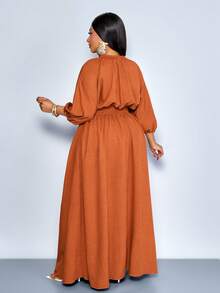 SOLERSUN Vestido longo feminino plus size elegante, sensual e fluido em linho com decote em V profundo franzido e mangas curtas com babados. Ideal para férias em estilo boho, country, tropical e para o verão. Perfeito para férias com um toque de luxo e tranquilidade, ideal para primavera e verão. - Ferrugem Marrom - Ver 5