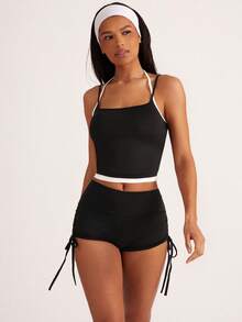 Easithlete 桃形臀提升歐美風瑜伽短褲，高腰彈性運動女士跑步健身短褲拉繩短褲 - 黑色 - 查看 5