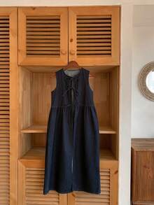 FRIFUL 女士休闲系带无袖牛仔连衣裙长裙 - 藍色 - 查看 5