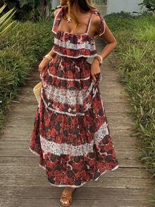 Livesso Vestido midi de gasa para mujer con estampado floral de todo el Body, estilo geométrico bohemio, contraste de colores, parches, volantes en el bajo, informal, para vacaciones y playa - Burdeos - Ver 6