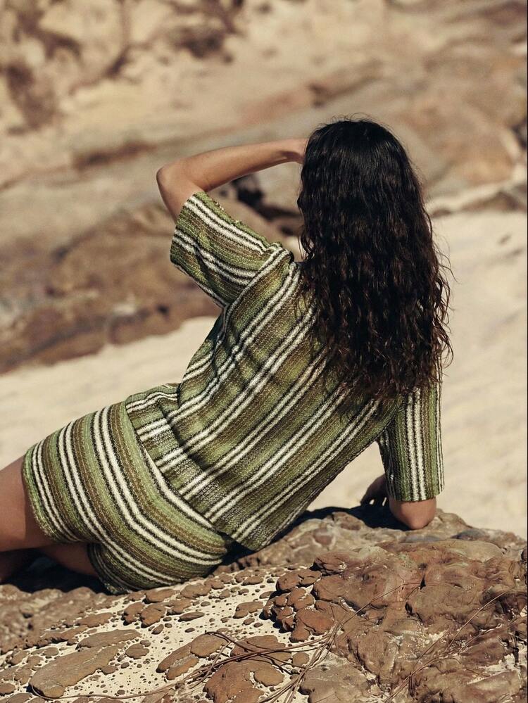 SHEIN Maija Women's Striped Short Sleeve Polo Neck Cover Up,Vacation Outfits Women,Summer Holiday Outfits ,Beach Vacation Outfits For Women Ibiza Olive Green Cruise Outfit For Women Resort Wear Women S Summer Outfits Cover Ups For Swimwear