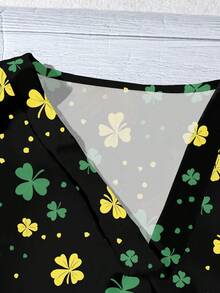 SHEIN LUNE Kemeja Kasual Wanita Motif Daun Semanggi, Cocok untuk Musim Panas dan Hari St. Patrick - MultiWarna - View 5