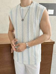 Manfinity Unisex Men's Striped Crew Neck Casual Loose Fit Tank Top Men Blue White Stripe Top Men Loungewear Tops Men Striped Top Sleeveless Shirt Men Men Summer Top - Khaki - View 1