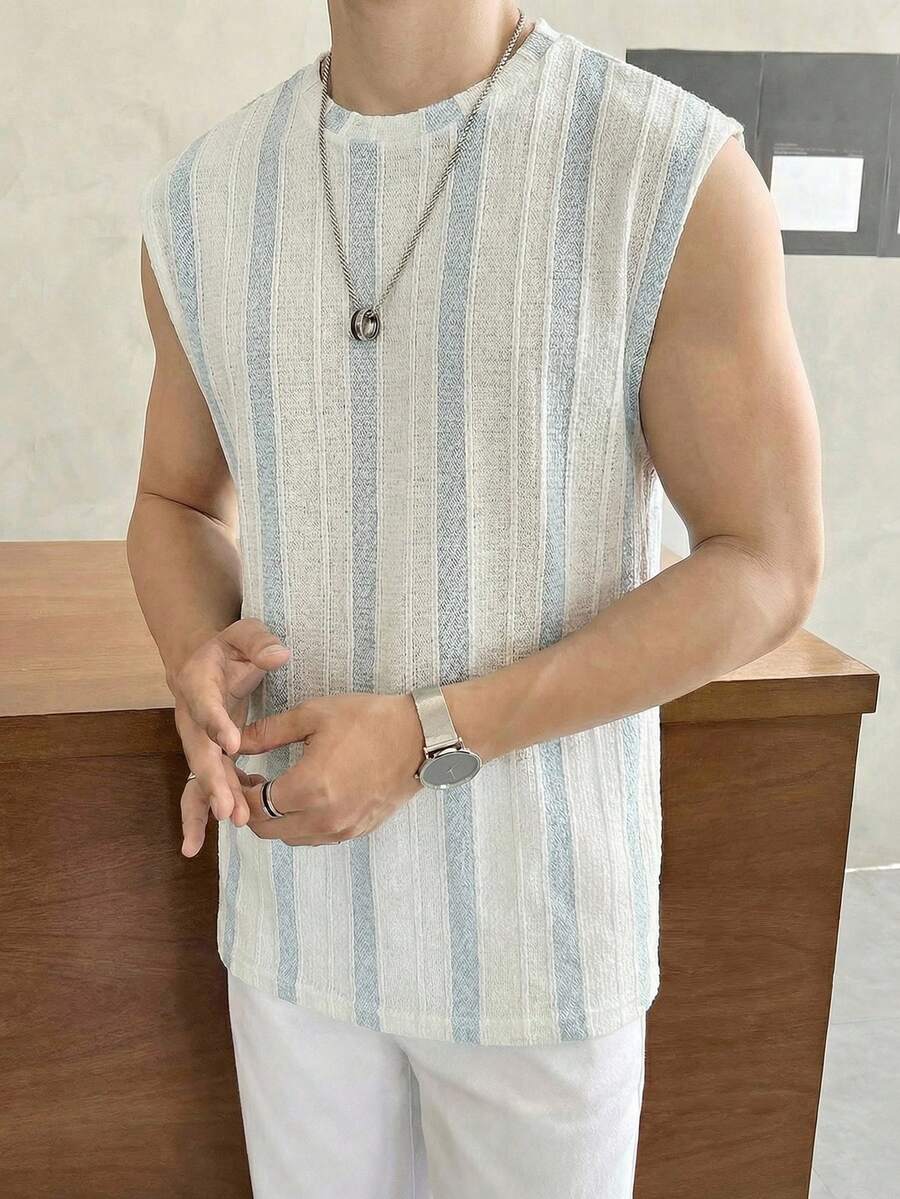 Manfinity Unisex Men's Striped Crew Neck Casual Loose Fit Tank Top Men Blue White Stripe Top Men Loungewear Tops Men Striped Top Sleeveless Shirt Men Men Summer Top - Khaki - View 1