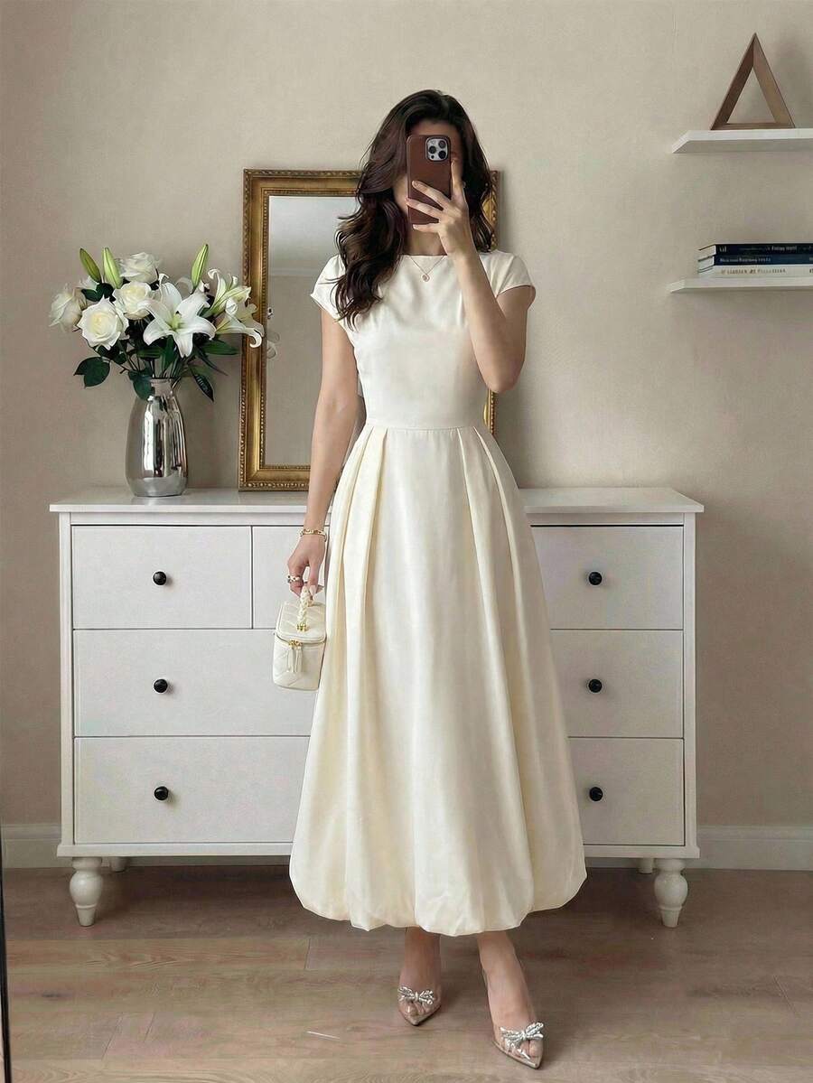 Feyla 女士纯色圆领短袖褶皱设计优雅连衣裙