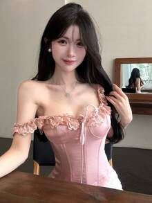 Joudiya Áo nữ kiểu dáng thắt nút, viền bèo nhún, thời trang, đa năng, thích hợp mặc thường ngày. - Hồng - Xem 3