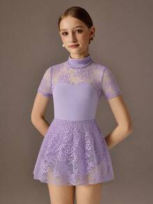 Tween Girls Activewear Leotard, Suitable For Ballet, Back To School, Campus Workout, Training, Competition, Casual Wear. Fashionable Stretchy Mesh Long Sleeve Design, Comfortable & Elastic Dance Sportswear Lavender Dance Dress Ballet Dress Lace Ballet Dress Girls Dance Dress Short Sleeve Dance Dress - Purple - View 2