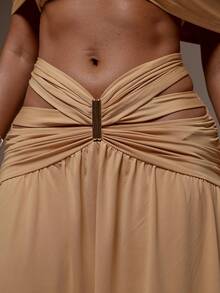 MUSERA 性感中腰镂空褶皱拼接垂褶长裙，春夏度假海滩伊比沙岛音乐节派对优雅女神 - 棕色 - 查看 6