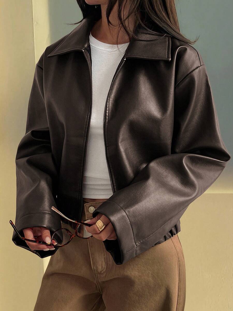 DAZY Women's Loose Casual Faux Leather Jacket, Regular Fit, Autumn/Winter - Black - View 1