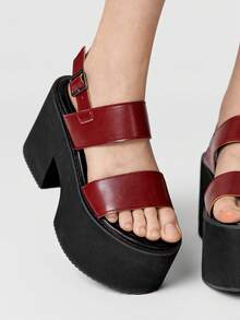 ROMWE Grunge Punk Ladies Strap Platform Wedge Heel Sandals Burgundy Diablo Punk Sandals Back Strap Shoes Japanese Campus Y2K 2000s Style - Burgundy - View 3