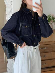 Livesso Camisa vaquera casual de mujer con cuello de solapa y bolsillos grandes - Azul lavado oscuro - Ver 5