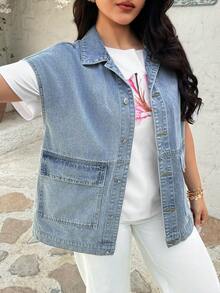 Rivivi Women's Single-Breasted Extra Long Casual Everyday Denim Vest Jacket - Light Wash - View 1
