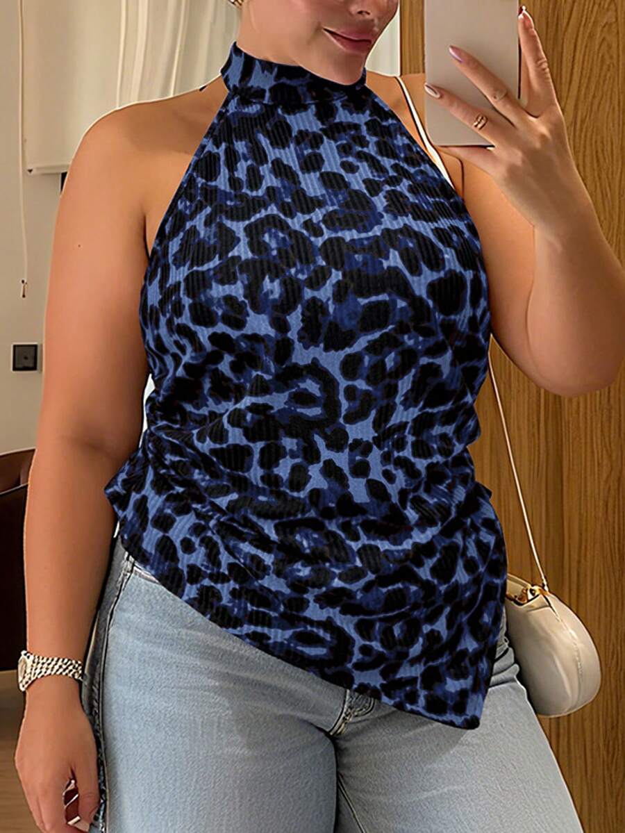 Vionelle 大码女式休闲优雅无袖豹纹吊带衫 - 藍色 - 查看 1
