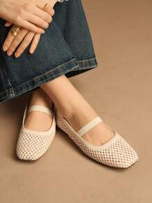 Rosivie 黑色网眼编织舒适简约透气弹力带女士平底鞋，优雅度假风和波西米亚风 - 編織網杏色 - 查看 8