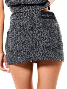 BABYPHAT Leopard Print Denim Mini Skirt With Raw Hem Detail High Rise Bodycon Fit Animal Pattern Vintage Washed Denim - Multicolor - View 2