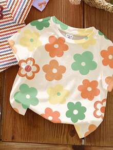 3pcs/Set Baby Girl Cute Purple Floral Summer Basic T-Shirts,Family Matching Colorful Stripes,Dopamine Floral Series Round Neck Short Sleeve Tee Tops - Multicolor - View 5