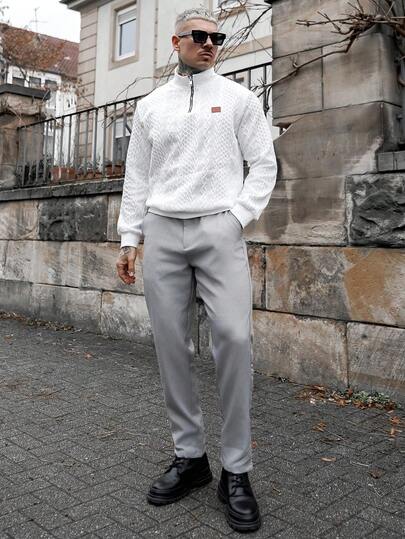 Artur Kramer Men's Casual Solid Color Textured Half Zip Stand Collar Sweatshirt, Men's Autumn New Solid White Minimalist Casual Pullover Sweatshirt, Versatile Items For Daily Commuting, Travel, Cable Knit Quarter Zip Sweatshirt, Long Sleeve Top