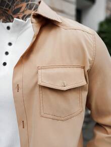 Artur Kramer 男士休闲纯色平领衬衫美式长袖衬衫，适合秋季外出穿着 - 卡其色 - 查看 3