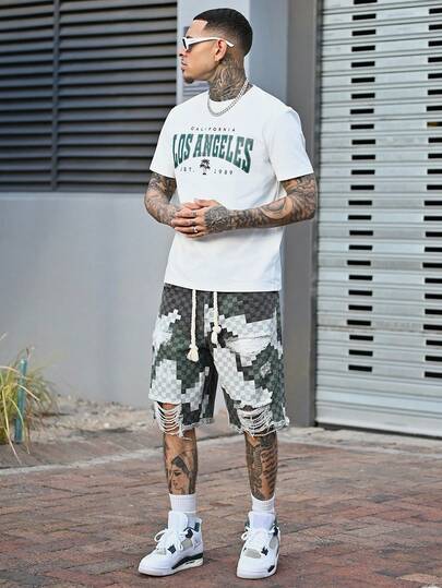 Devon Thys Loose Fit Men's Cotton Ripped Frayed Raw Hem Denim Shorts Jorts