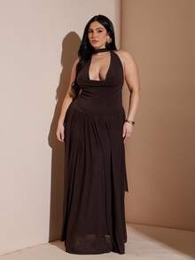 SHEIN BAE 大码女式黄色垂褶领长款飘逸连衣裙，性感情人节连衣裙 - 黃色 - 查看 5