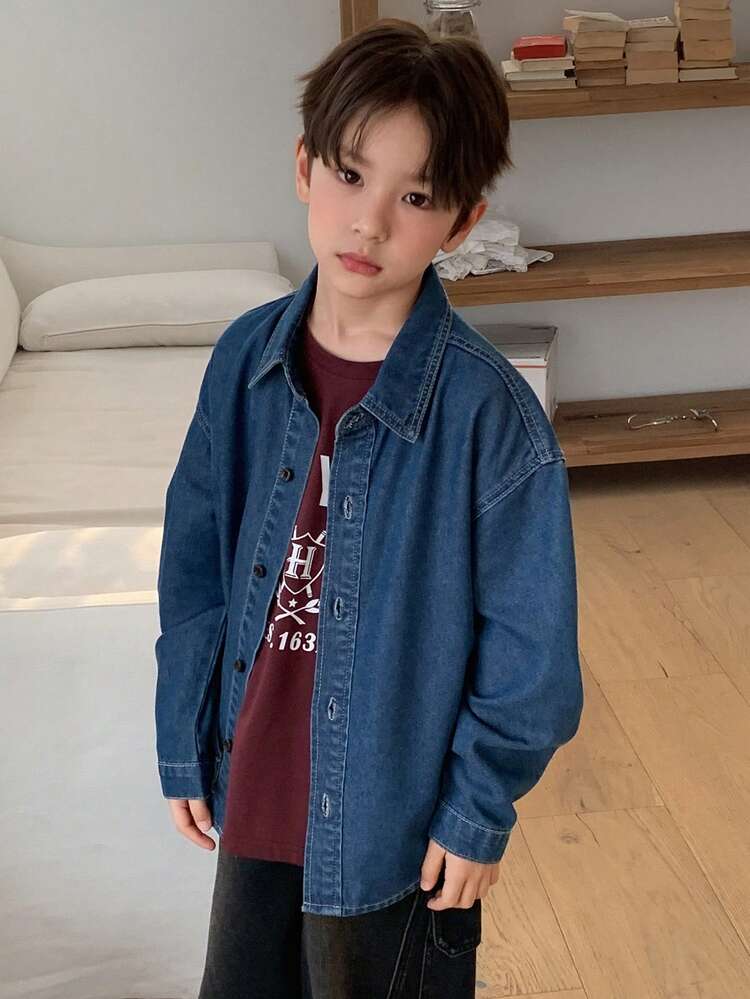 Tween Boy Dropped Shoulder Long Sleeve Single-Breasted Casual Denim Jacket