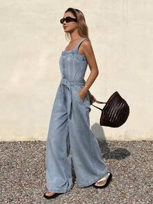 DAZY Women's Waist Belt Loose Fit Straight Leg Casual Denim Jumpsuit Y2k - Light Wash - View 4