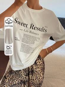 DAZY Camiseta casual suelta de manga corta con cuello redondo y estampado de letras para mujer, estilo Y2K - Blanco - Ver 1